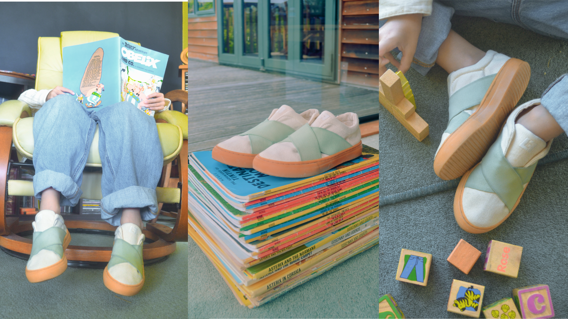Collage of a kid wearing green shoes, a stack of books with shoes on top, and feet in shoes on a carpet.