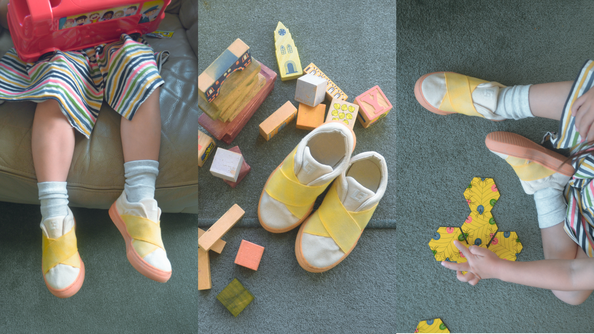 Collage of a child wearing yellow shoes, playing with toys on the floor.
